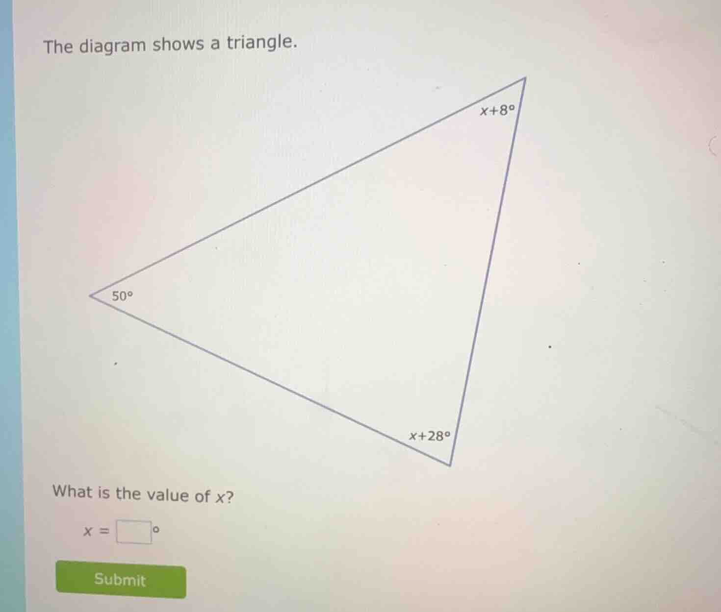 the diagram shows a triangle. what is the value of x? x = \\square^\\ci…