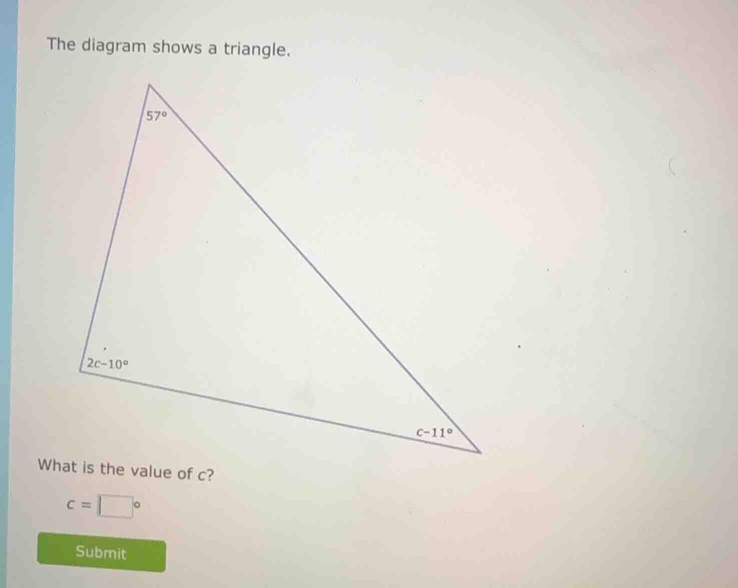 the diagram shows a triangle. what is the value of c? c = \\square^\\ci…