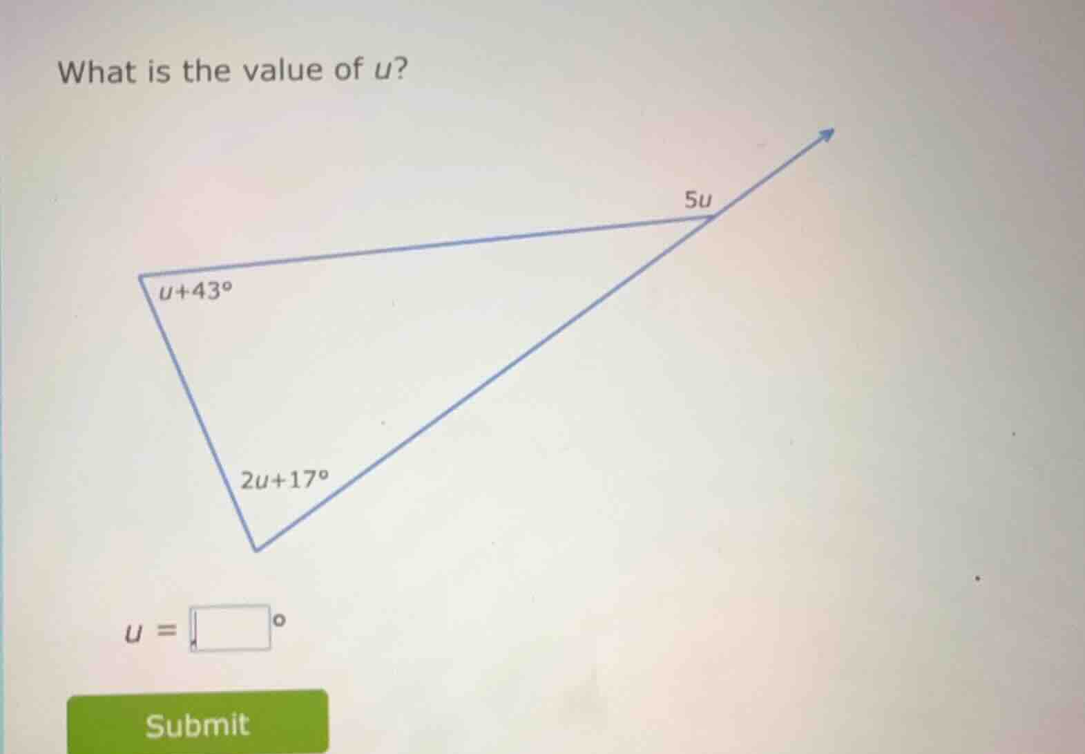what is the value of u? 5u u+43° 2u+17° u = \\boxed{°} submit