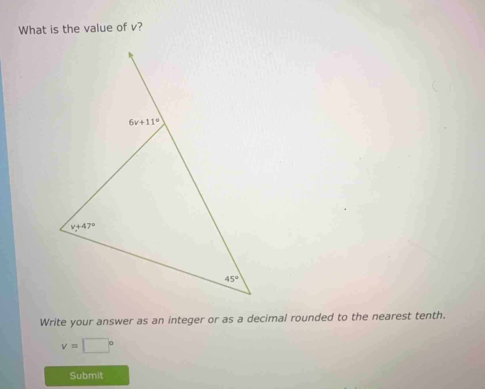 what is the value of v? 6v+11° v+47° 45° write your answer as an intege…