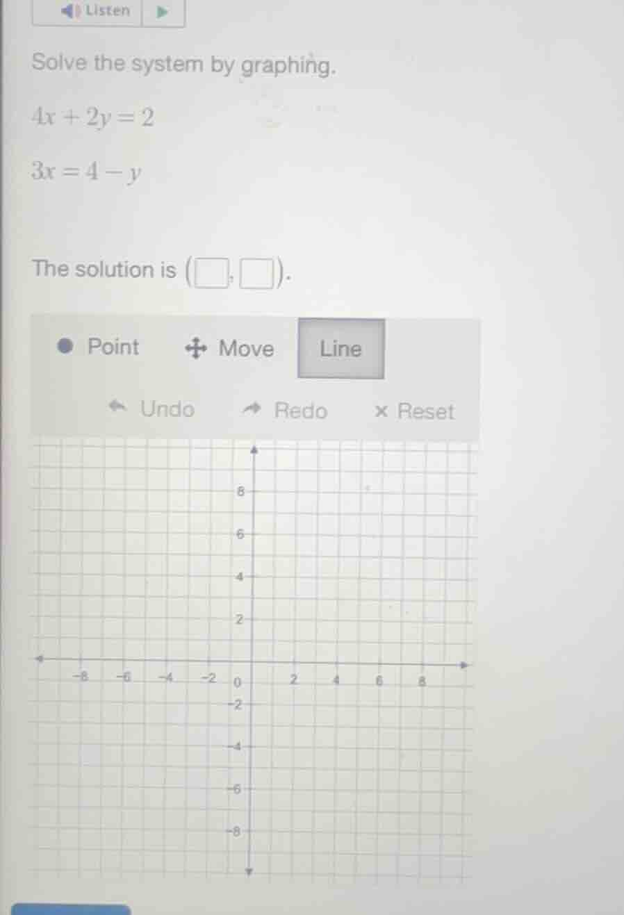 solve the system by graphing. 4x + 2y = 2 3x = 4 - y the solution is (□…