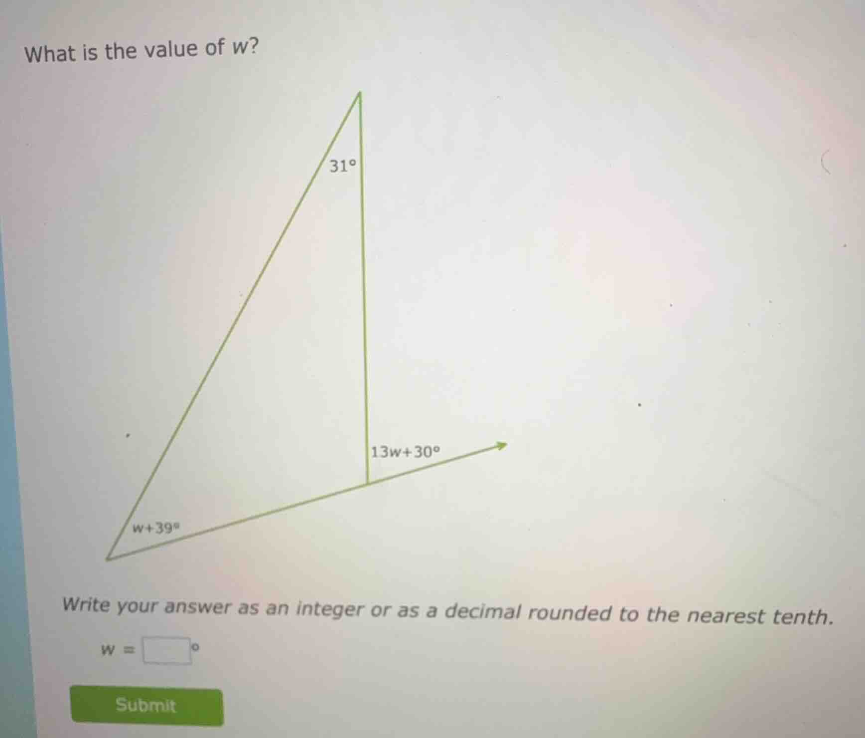 what is the value of w? 31° 13w+30° w+39° write your answer as an integ…