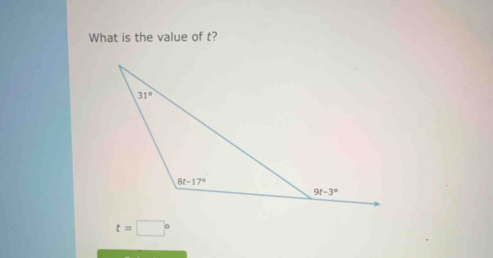 what is the value of t? 31° 8t - 17° 9t - 3° t = □°