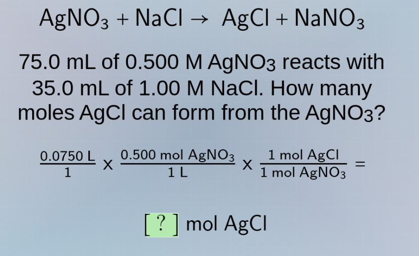 agno₃ + nacl → agcl + nano₃ 75.0 ml of 0.500 m agno₃ reacts with 35.0 m…