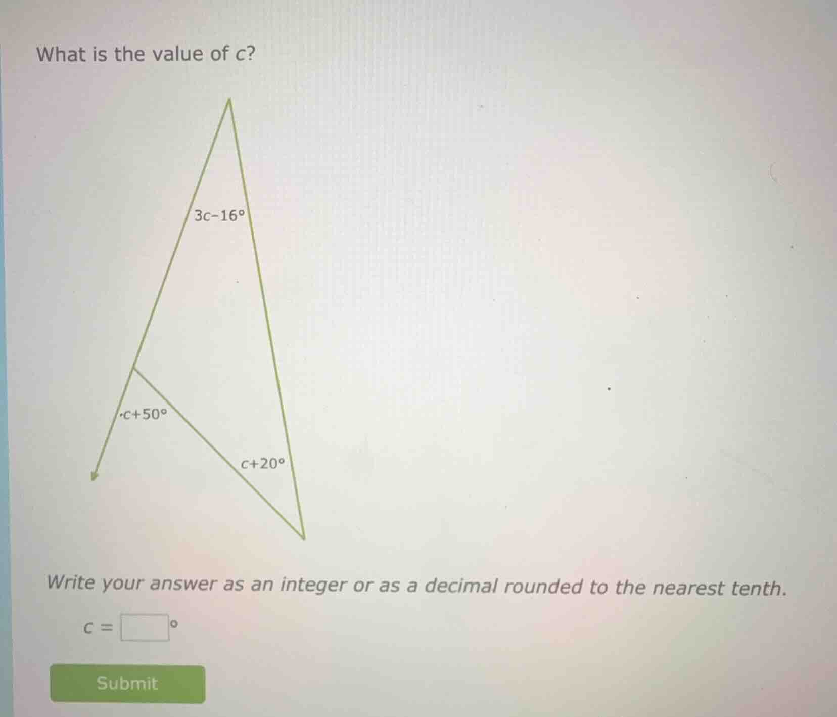 what is the value of c? 3c - 16° c + 50° c + 20° write your answer as a…