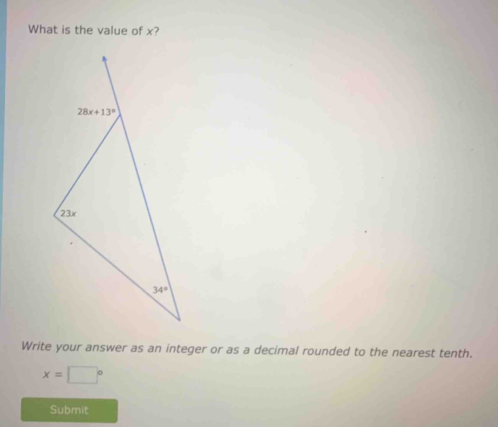 what is the value of x? 28x+13° 23x 34° write your answer as an integer…