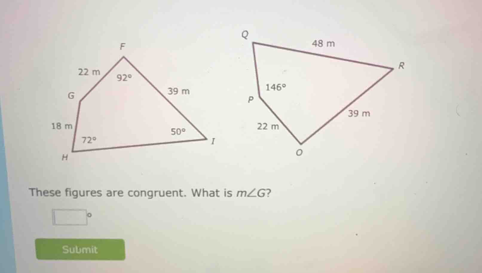these figures are congruent. what is $m\\angle g$?