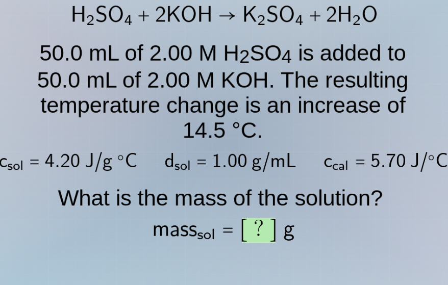 h₂so₄ + 2koh → k₂so₄ + 2h₂o 50.0 ml of 2.00 m h₂so₄ is added to 50.0 ml…