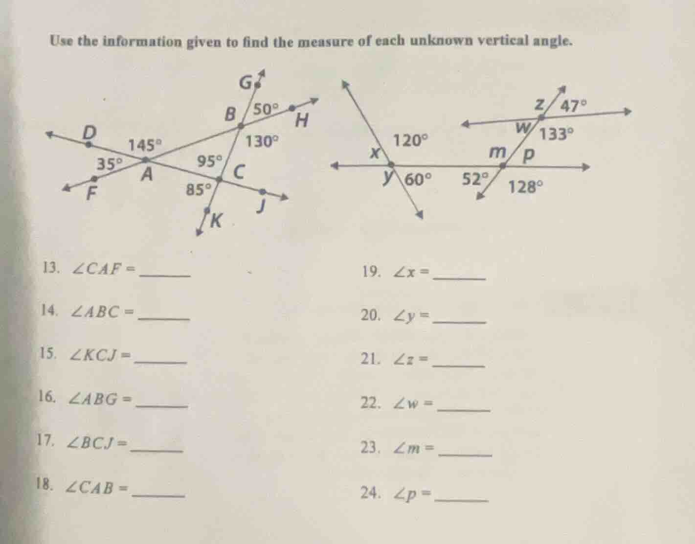use the information given to find the measure of each unknown vertical …