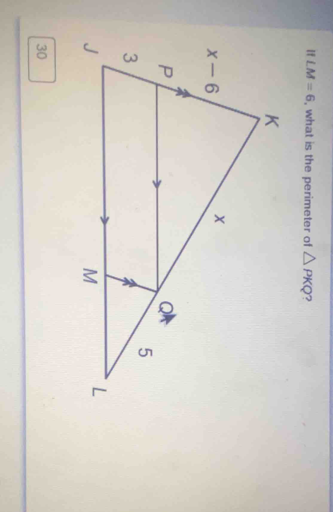 if lm = 6, what is the perimeter of △pkq?