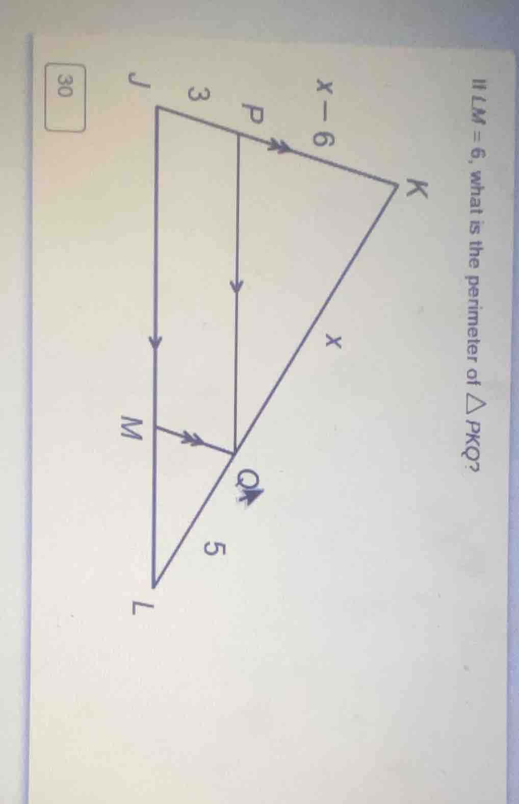 if lm = 6, what is the perimeter of △pkq? (there is a triangle - relate…