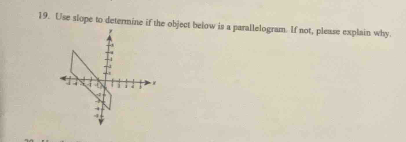 19. use slope to determine if the object below is a parallelogram. if n…