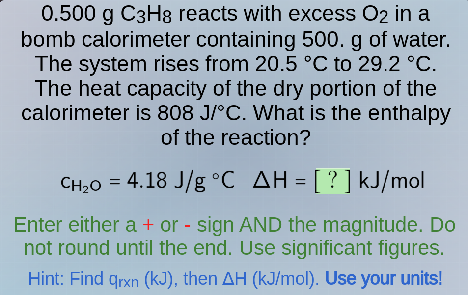 0.500 g c₃h₈ reacts with excess o₂ in a bomb calorimeter containing 500…