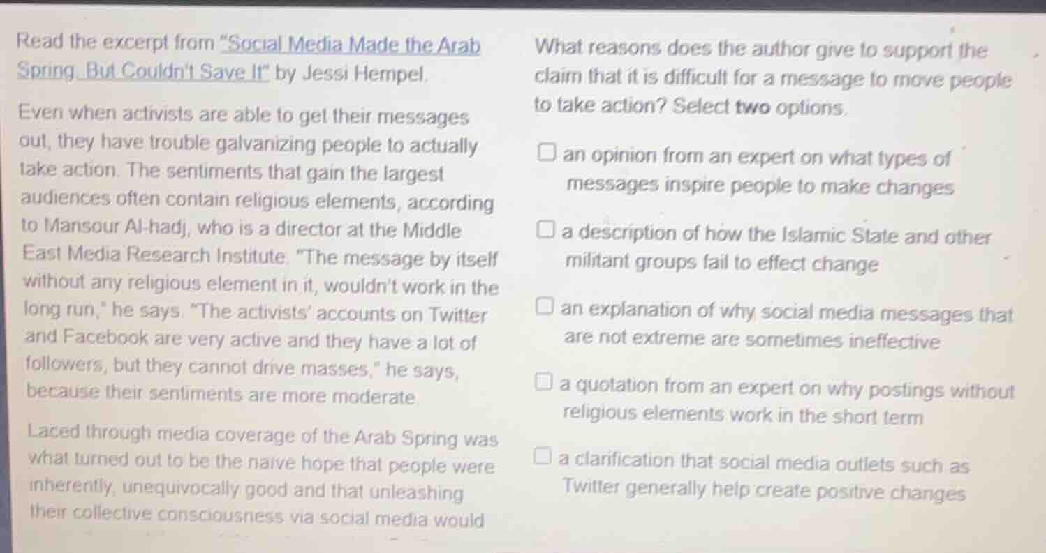 read the excerpt from \social media made the arab spring but couldnt sa…