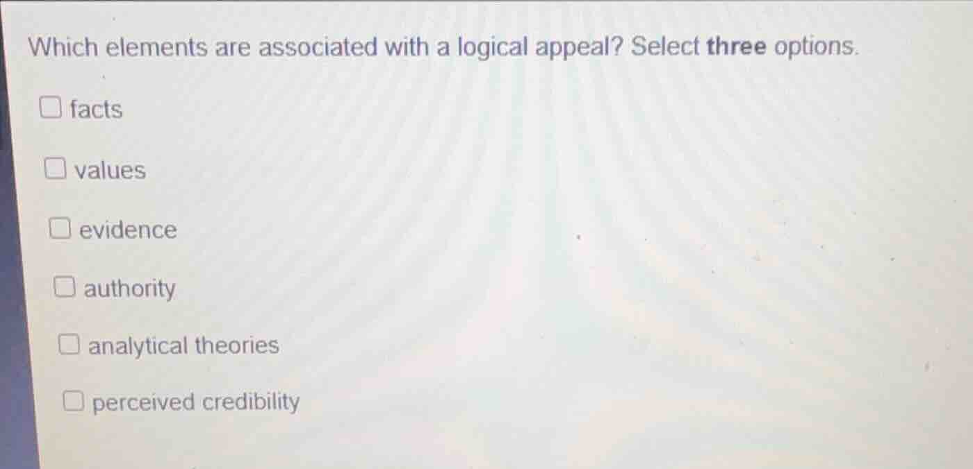which elements are associated with a logical appeal? select three optio…