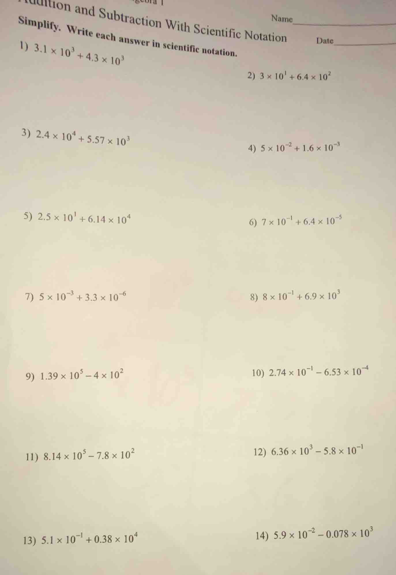 addition and subtraction with scientific notation simplify. write each …