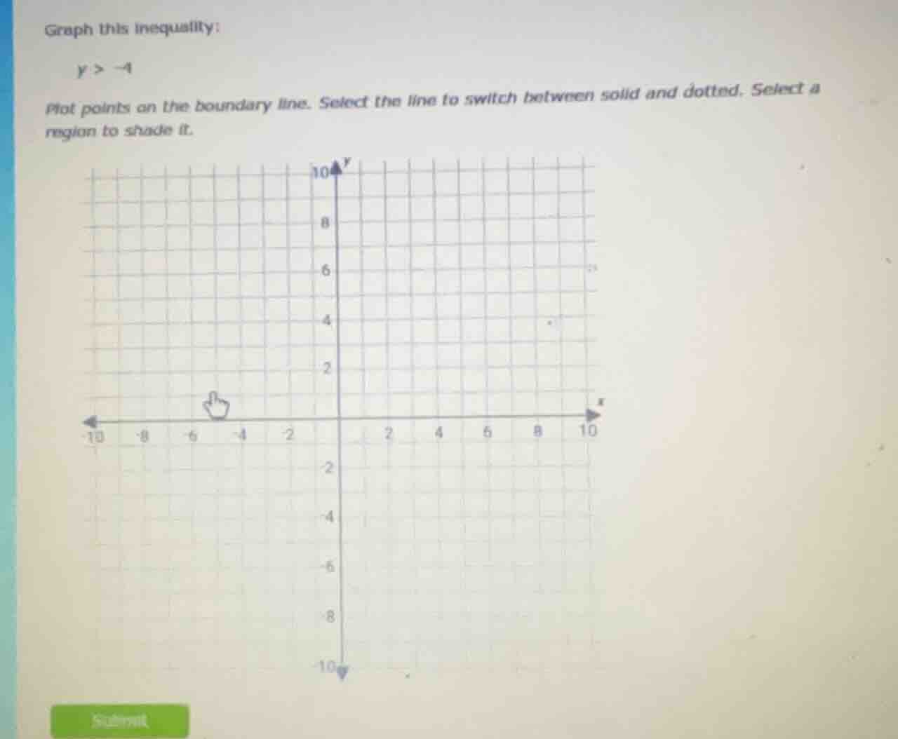 graph this inequality: y > -4 plot points on the boundary line. select …