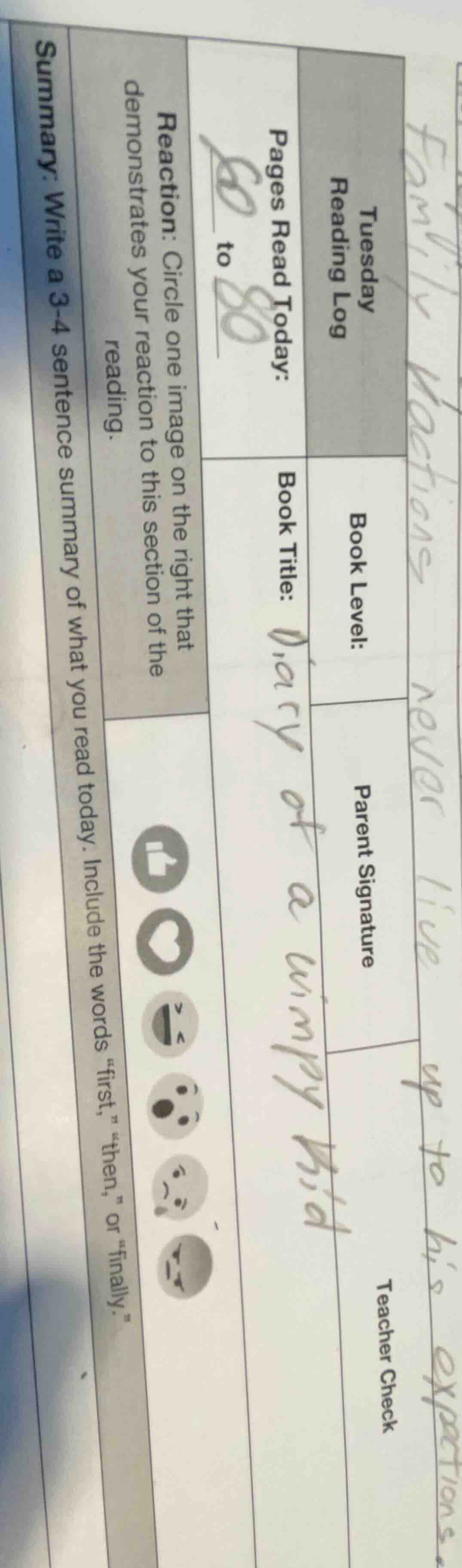 tuesday reading log pages read today: to book level: parent signature b…