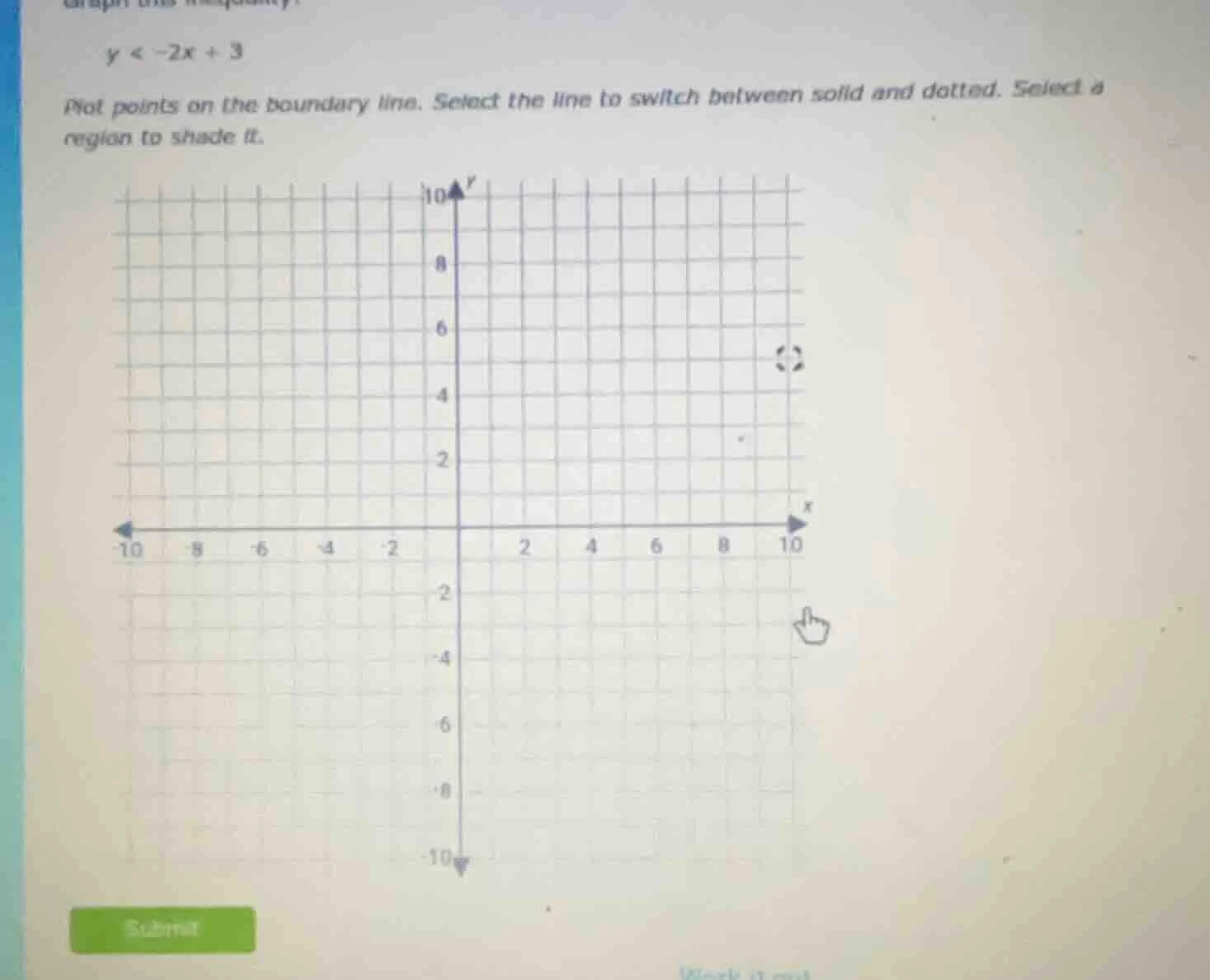 graph this inequality: ( y < -2x + 3 ) plot points on the boundary line…