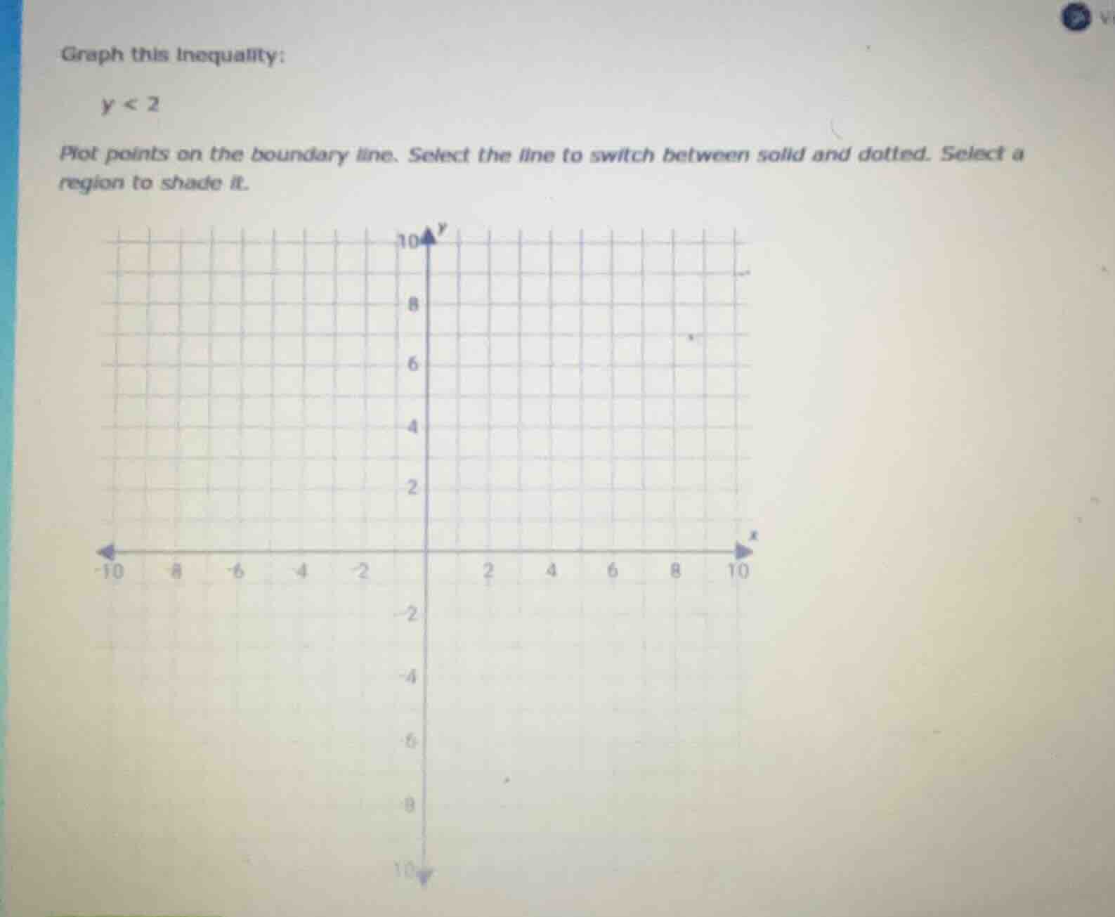 graph this inequality: y < 2 plot points on the boundary line. select t…