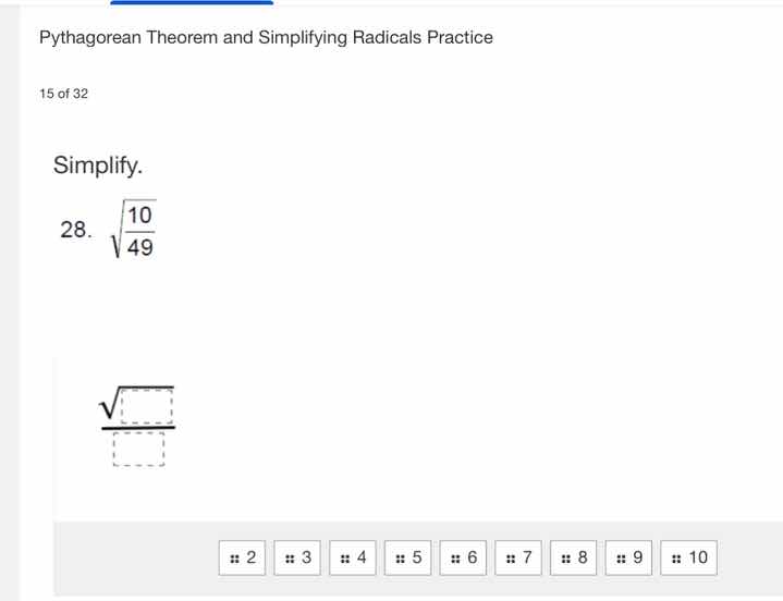 pythagorean theorem and simplifying radicals practice 15 of 32 simplify…