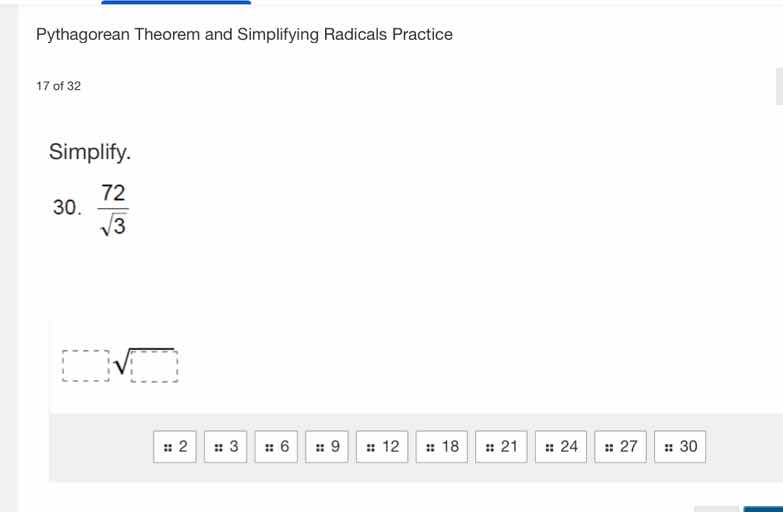 pythagorean theorem and simplifying radicals practice 17 of 32 simplify…
