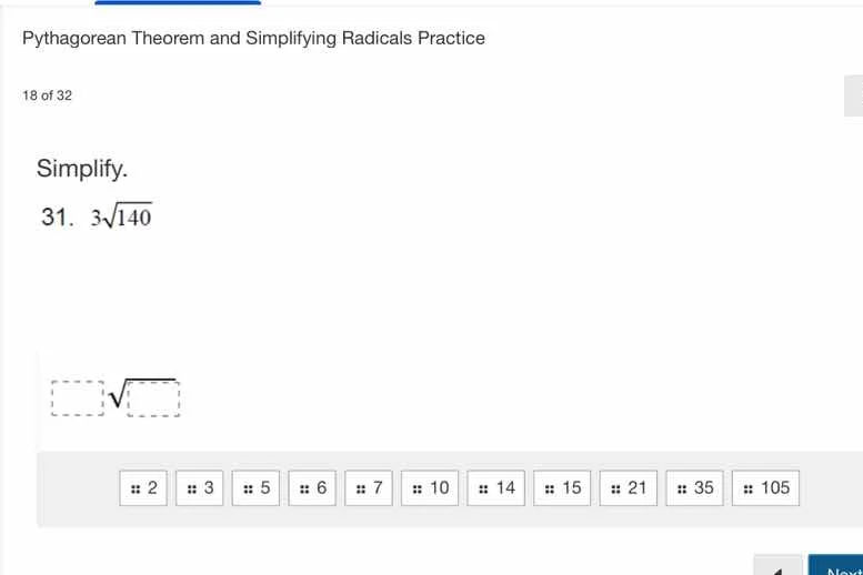 pythagorean theorem and simplifying radicals practice 18 of 32 simplify…