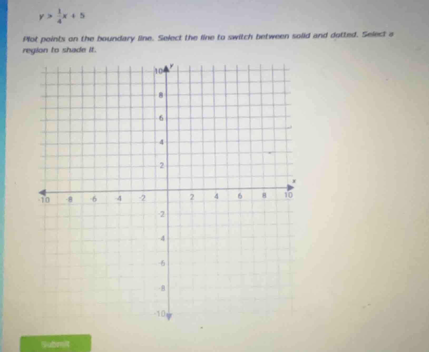 $y > \\frac{1}{4}x + 5$ plot points on the boundary line. select the li…