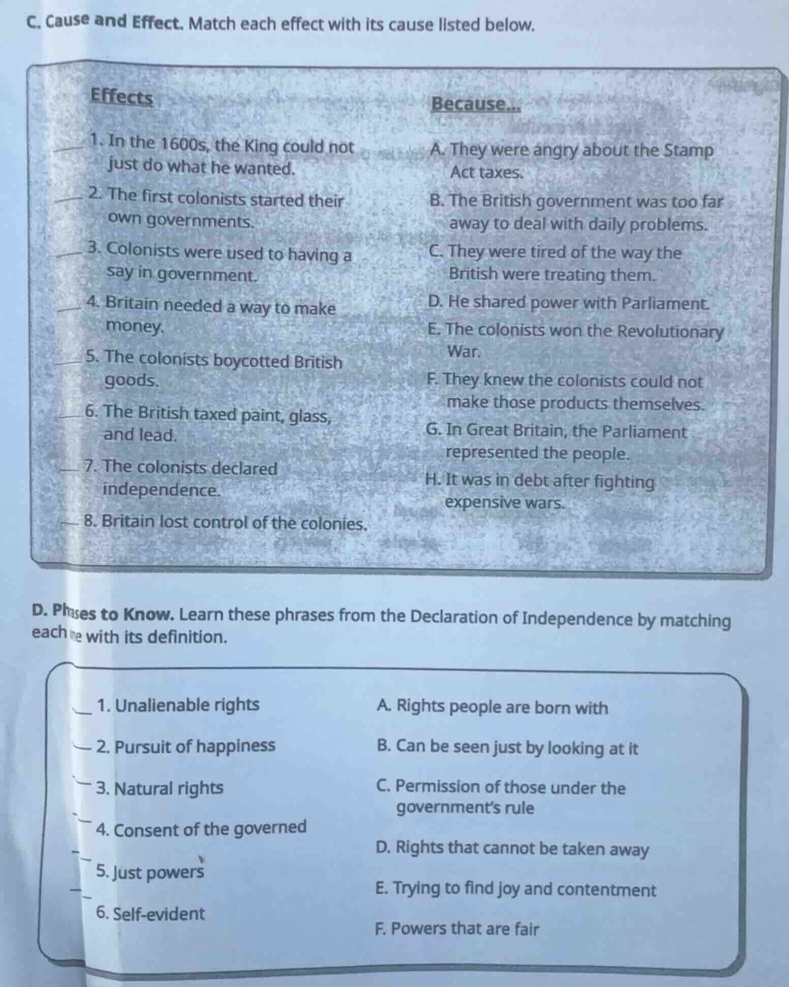 c. cause and effect. match each effect with its cause listed below. eff…
