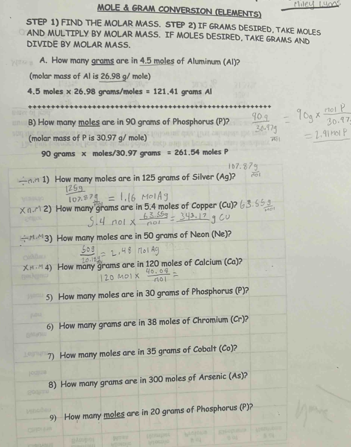 mole & gram conversion (elements) step 1) find the molar mass. step 2) …