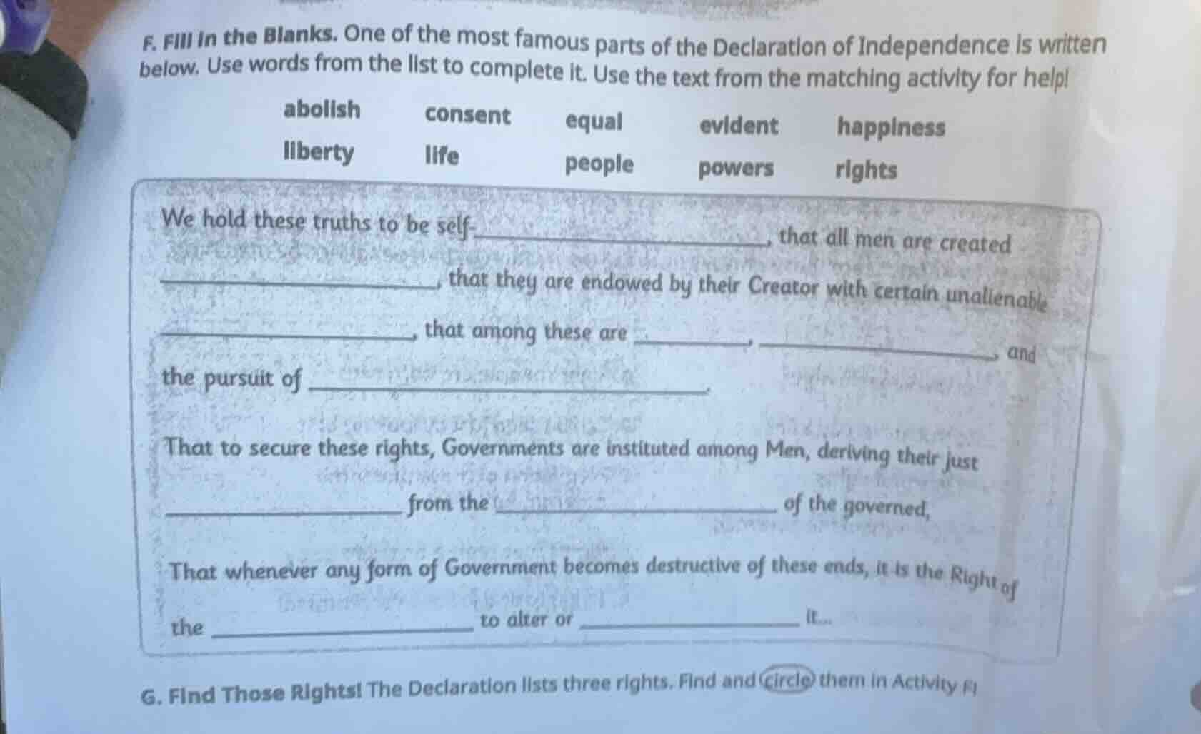 f. fill in the blanks. one of the most famous parts of the declaration …