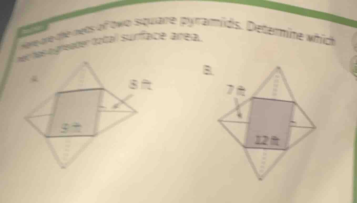 the nets of two square pyramids. determine which one has a greater tota…