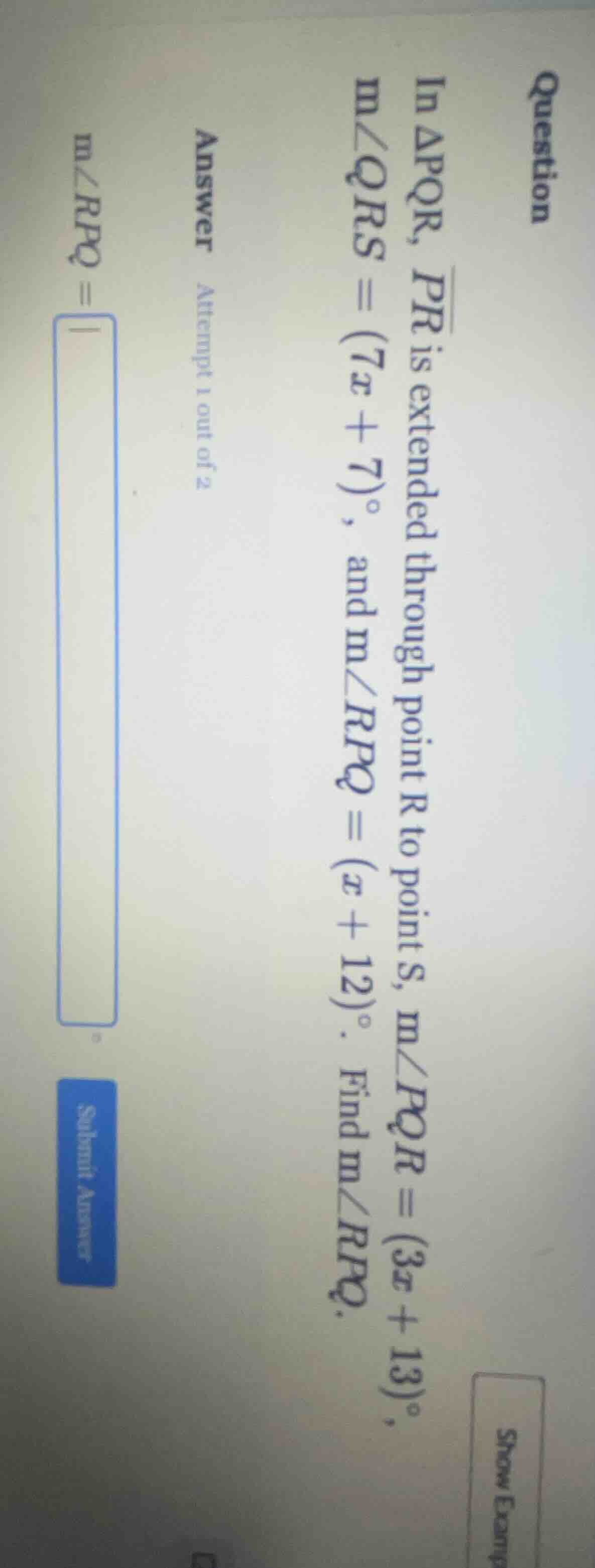 question in $\\triangle pqr$, $\\overline{pr}$ is extended through poin…