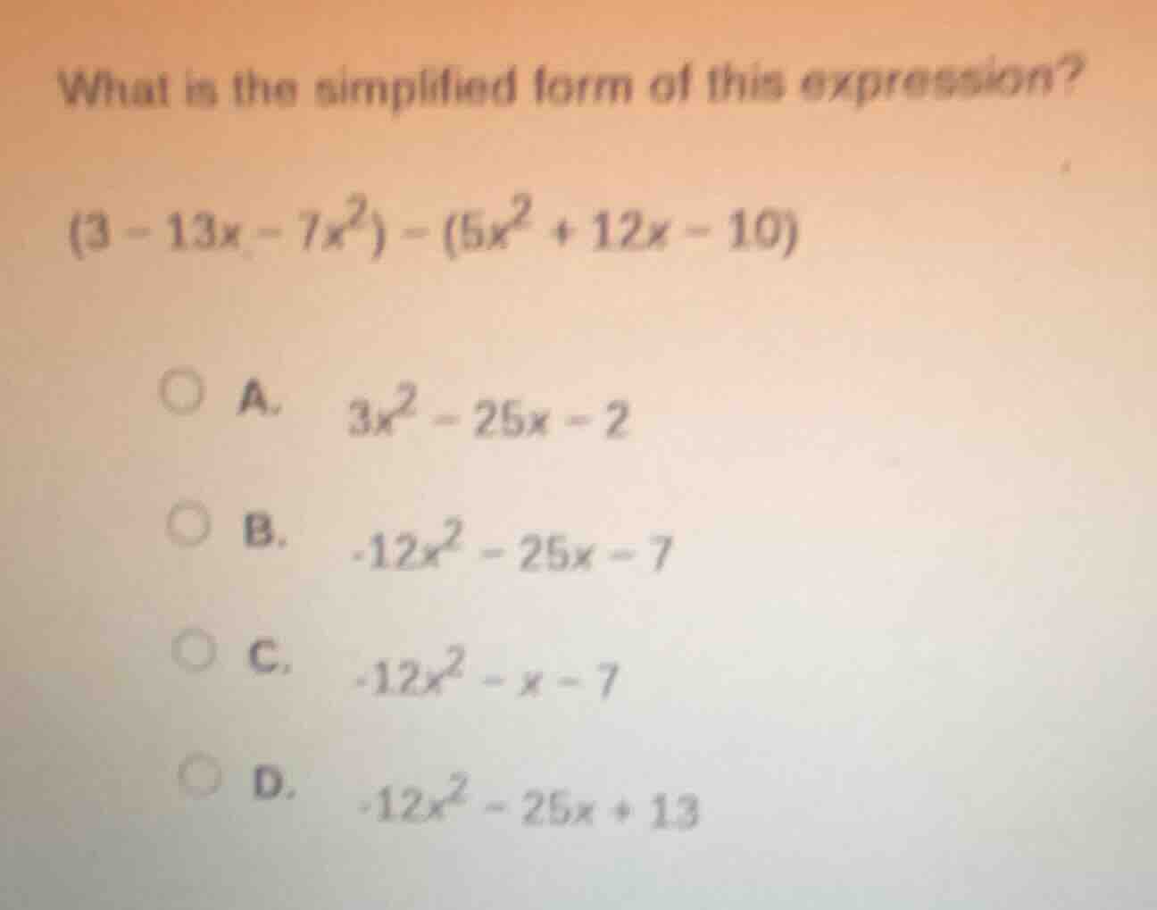 what is the simplified form of this expression? $(3 - 13x - 7x^2) - (5x…