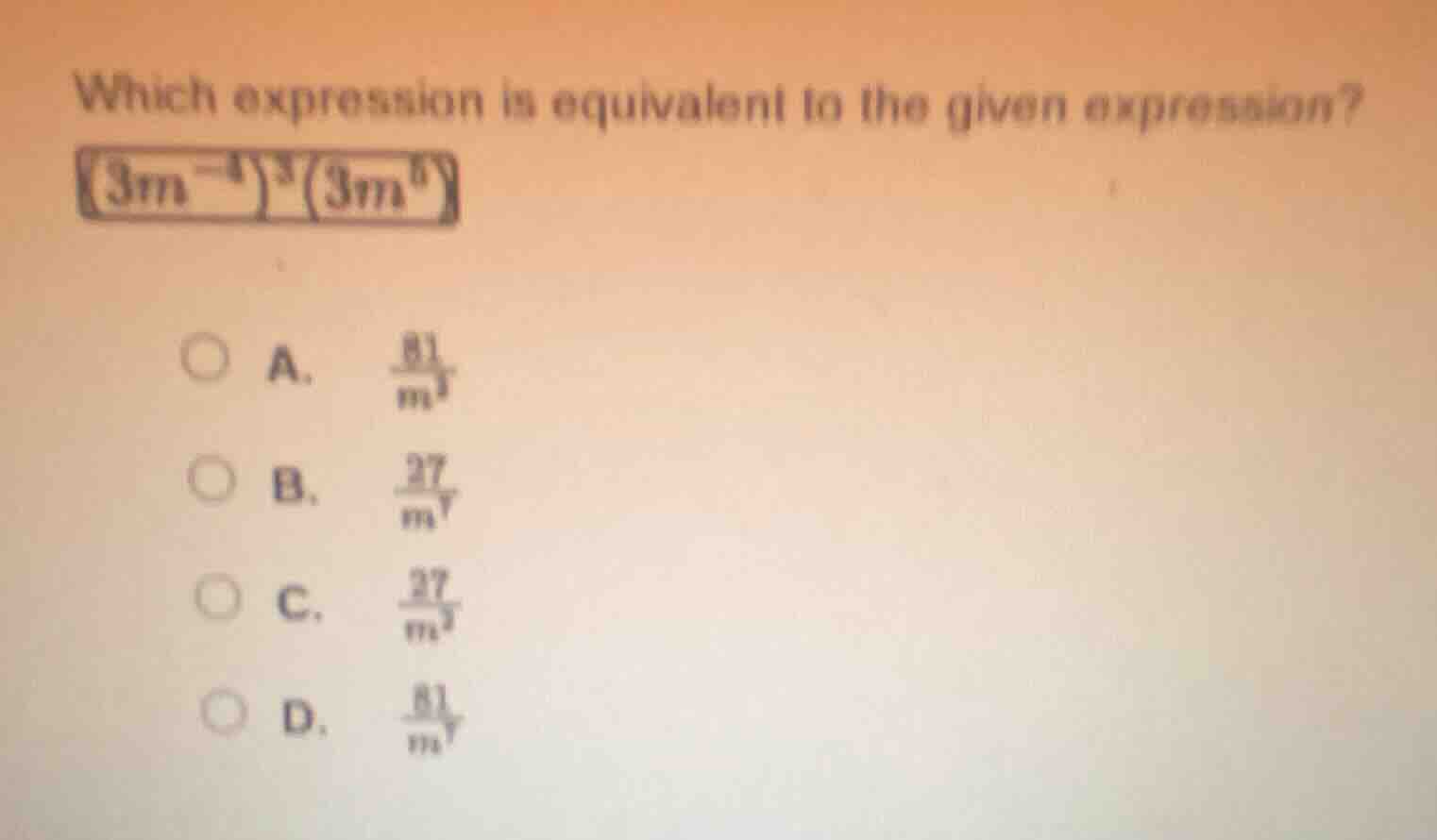which expression is equivalent to the given expression? \\((3m^{-4})^{3…