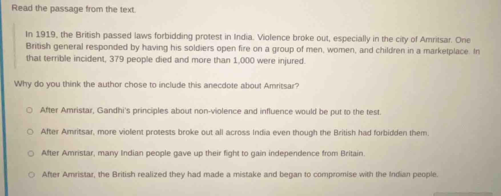 read the passage from the text. in 1919, the british passed laws forbid…