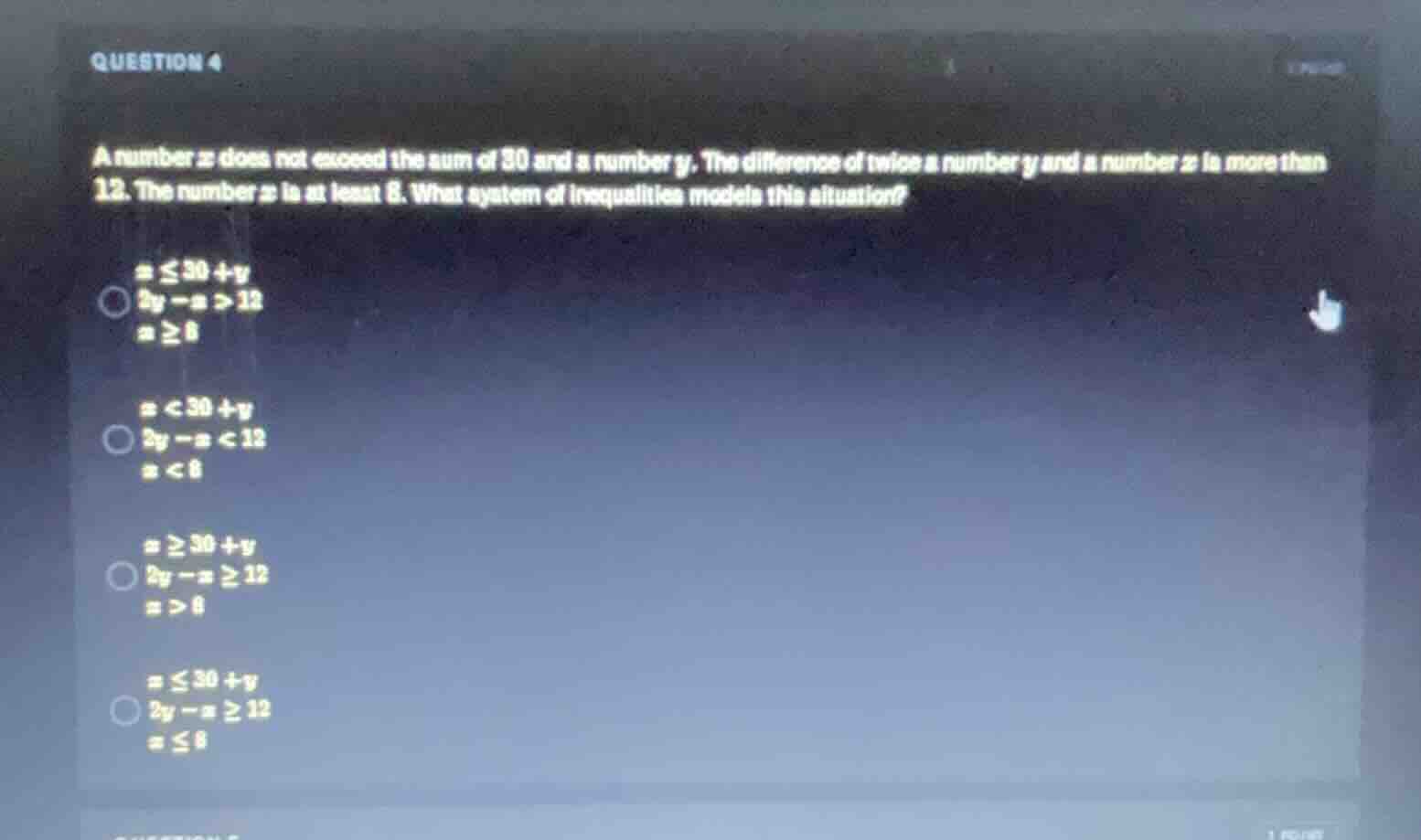question 4 a number x does not exceed the sum of 30 and a number y. the…