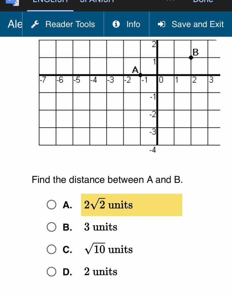 find the distance between a and b. a. $2\\sqrt{2}$ units b. 3 units c. …