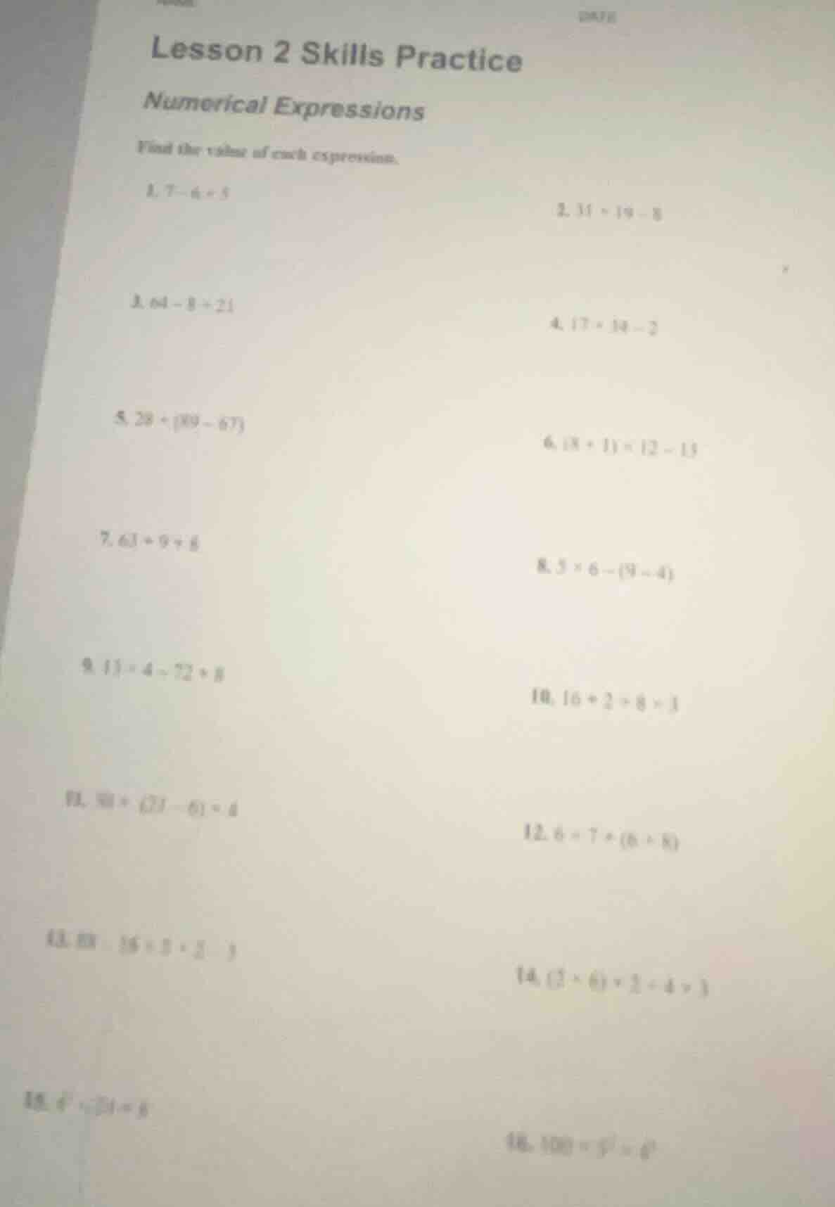 lesson 2 skills practice numerical expressions find the value of each e…