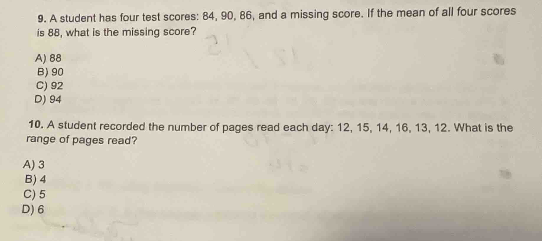 9. a student has four test scores: 84, 90, 86, and a missing score. if …