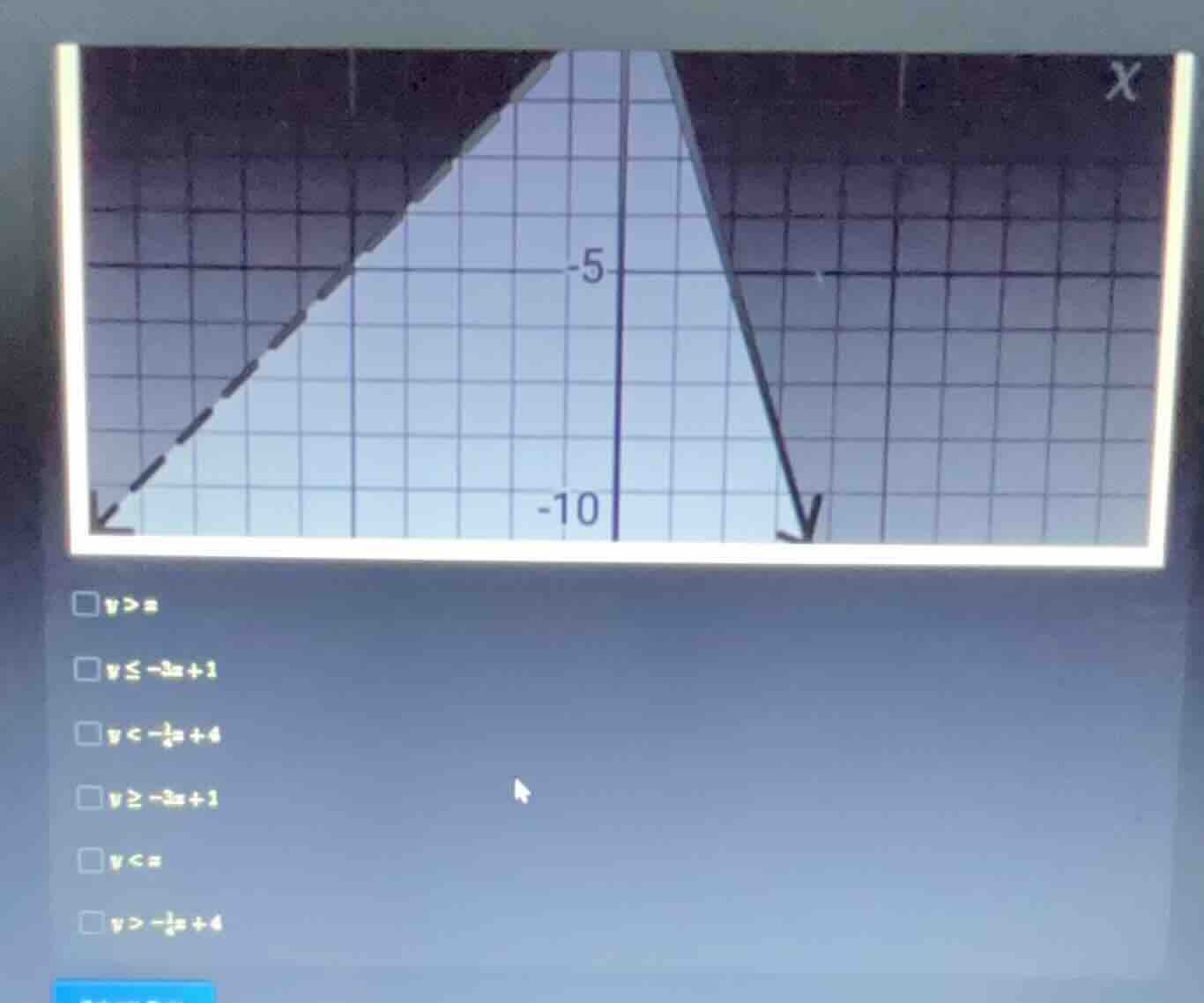 □ $y > x$ □ $y \\leq -3x + 1$ □ $y < -\\frac{1}{2}x + 4$ □ $y \\geq -3x…