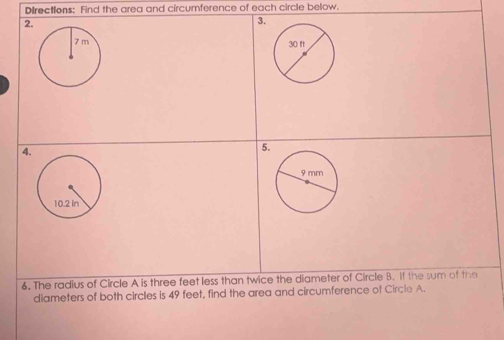 directions: find the area and circumference of each circle below. 2. 3.…
