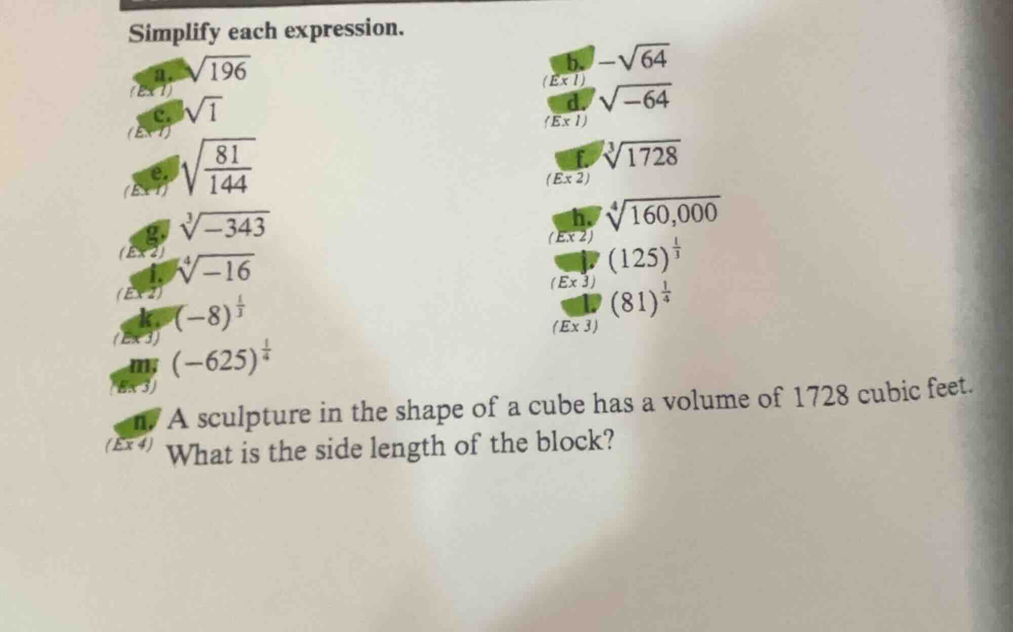 simplify each expression. a. \\(\\sqrt{196}\\)\ b. \\(-\\sqrt{64}\\)\ c…