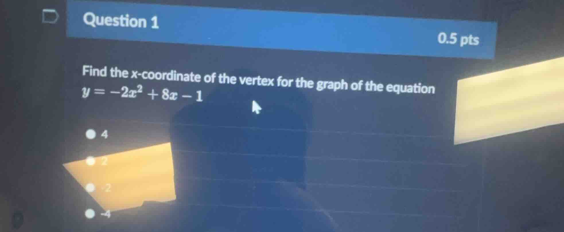 question 1 0.5 pts find the x - coordinate of the vertex for the graph …
