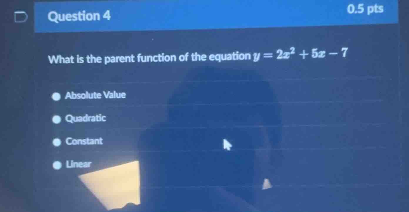 question 4 0.5 pts what is the parent function of the equation $y = 2x^…