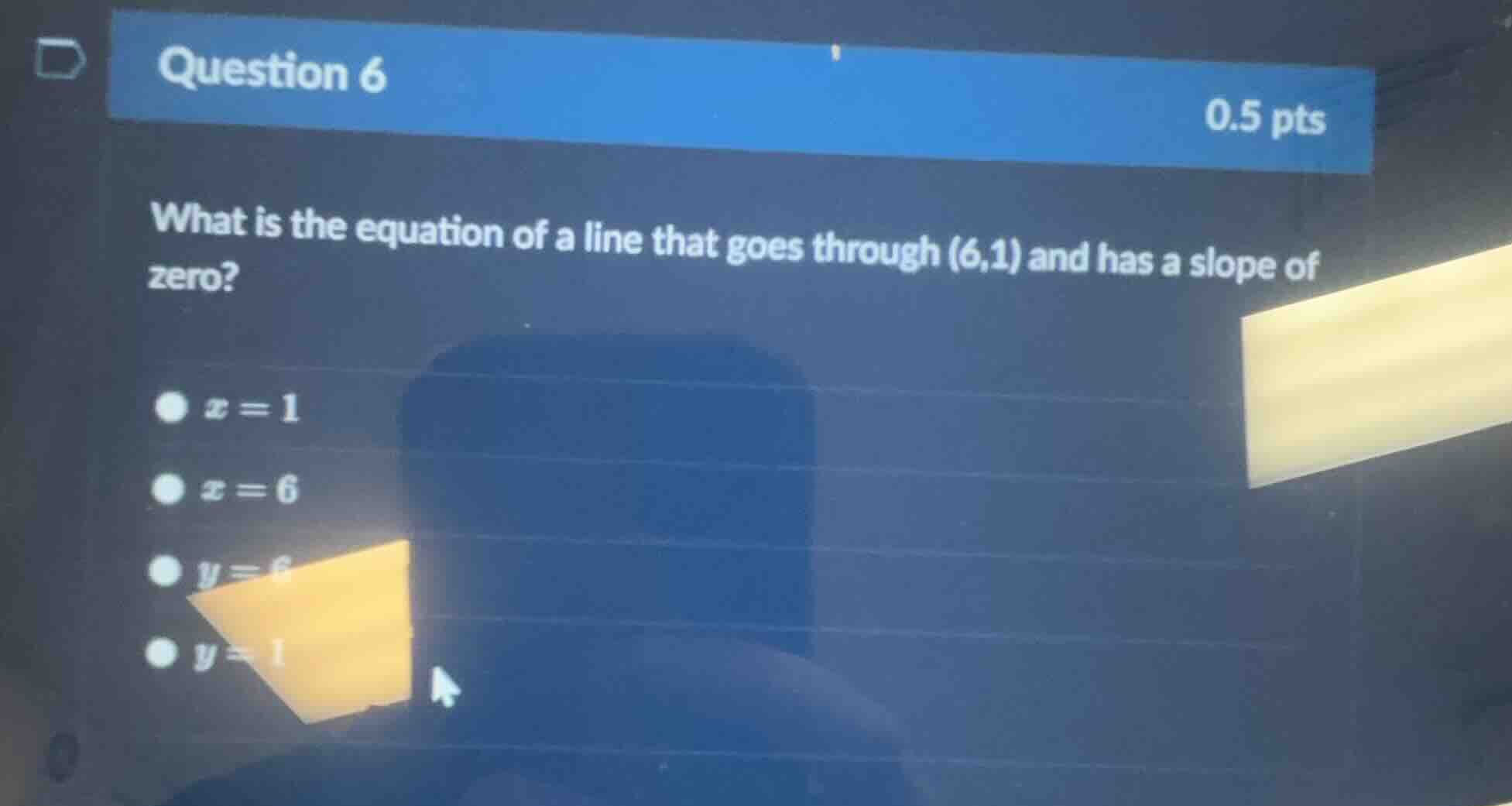 question 6 0.5 pts what is the equation of a line that goes through (6,…