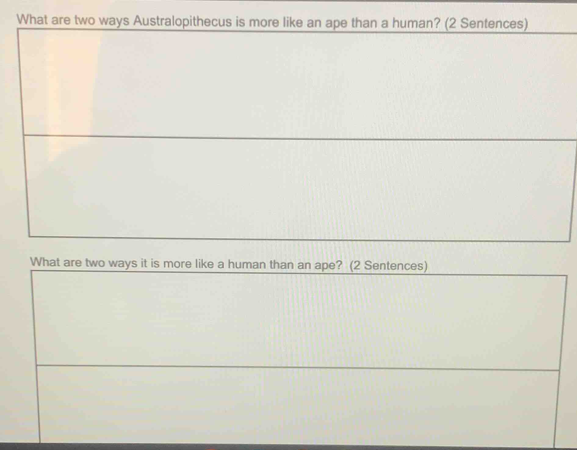 what are two ways australopithecus is more like an ape than a human? (2…