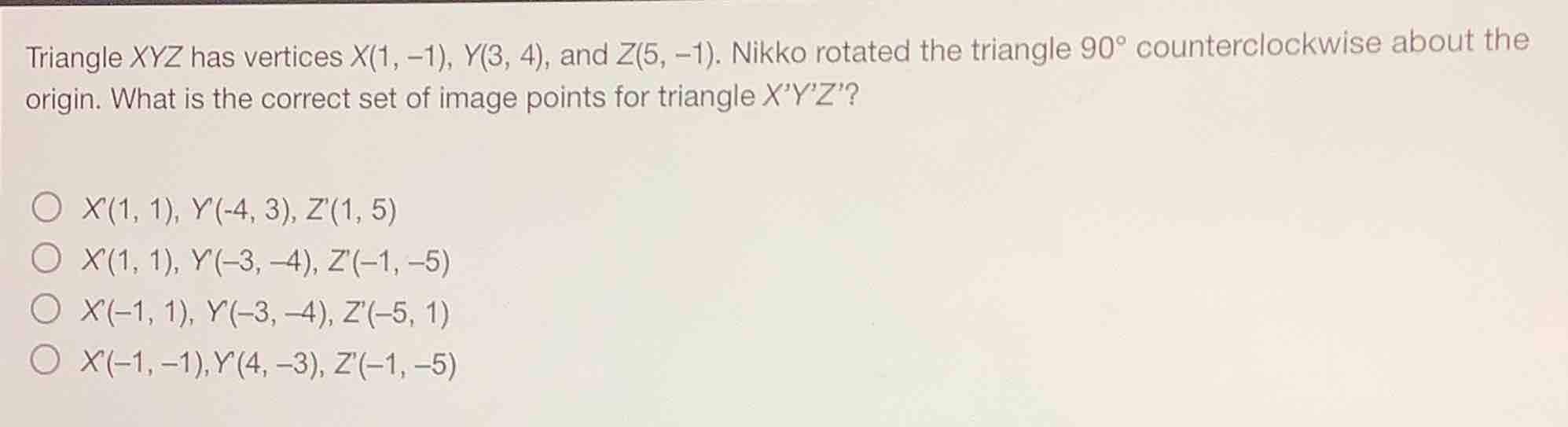 triangle xyz has vertices x(1, -1), y(3, 4), and z(5, -1). nikko rotate…