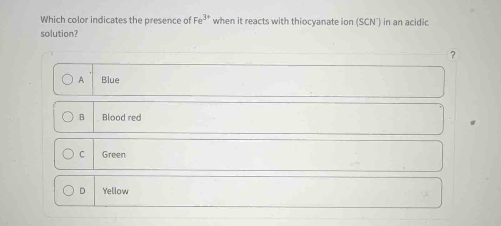 which color indicates the presence of fe³⁺ when it reacts with thiocyan…