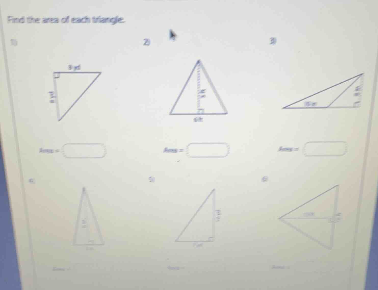 find the area of each triangle. 1) 2) 3) 4) 5) 6)